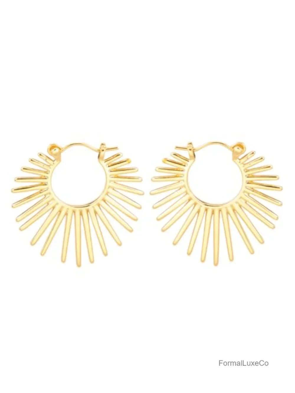 Sunburst Hinged Hoop Earrings for Women 14K Gold Plated Brass Lightweight